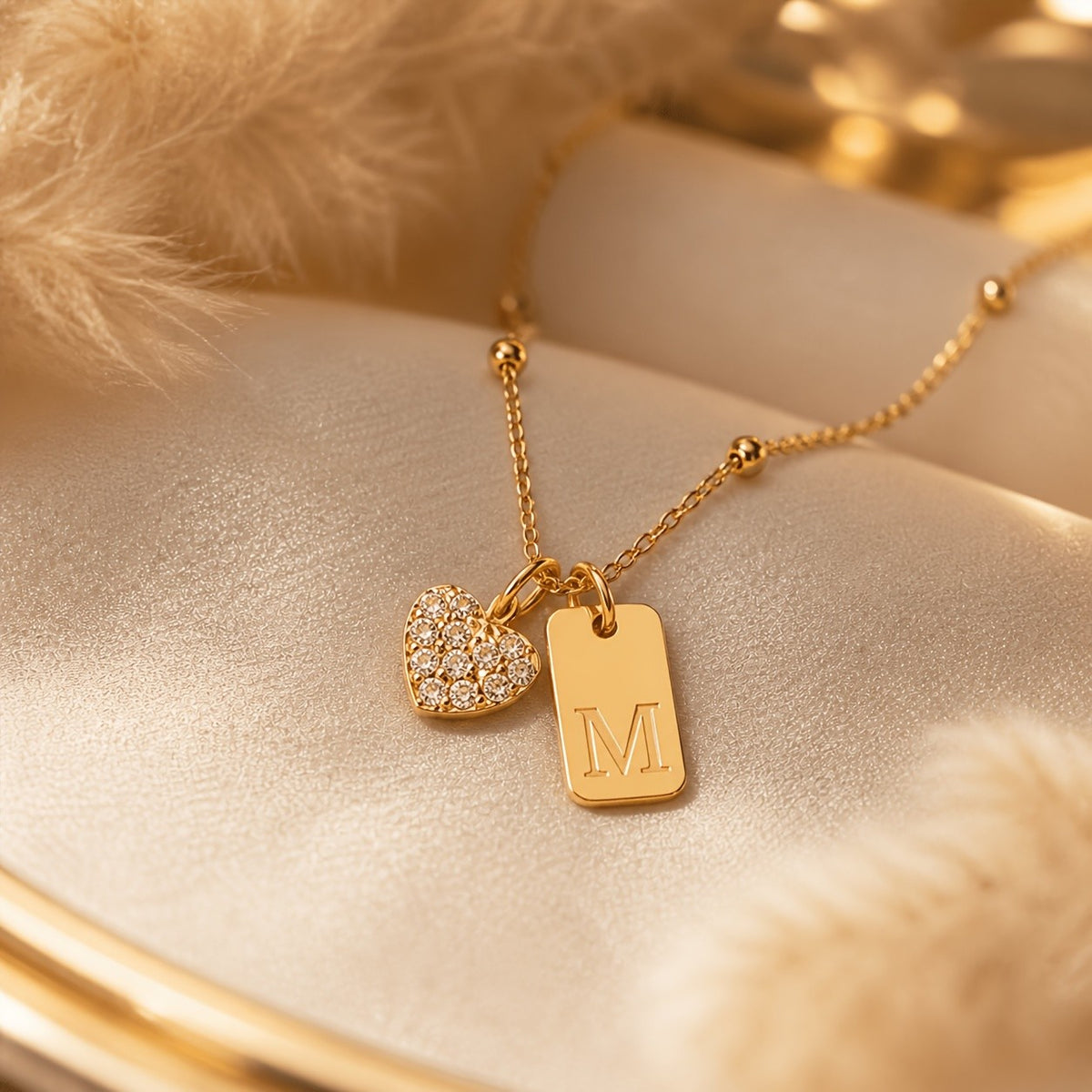 Crystal Heart & Initial Tag Necklace