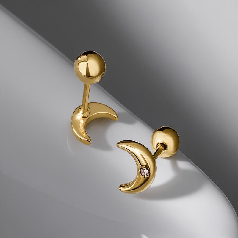 Pink Stone Crescent Moon Stud Earrings