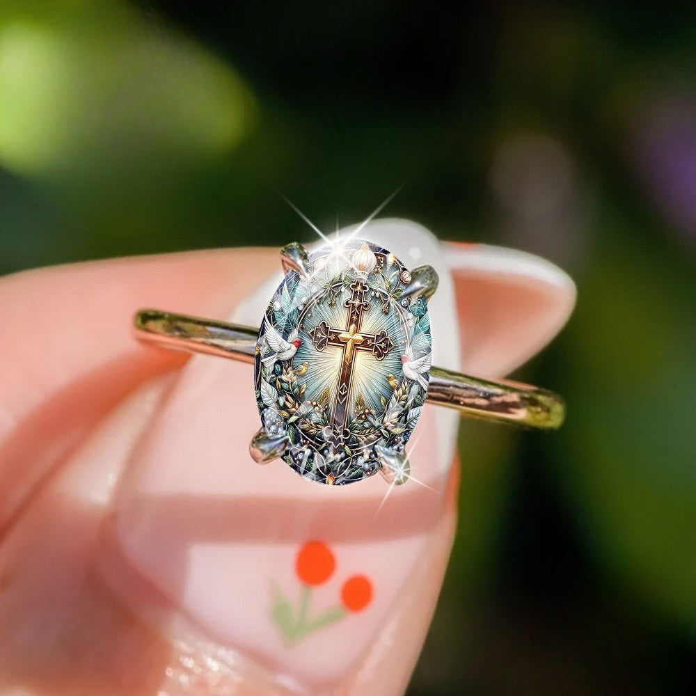 Radiant Cross & Dove Oval Ring