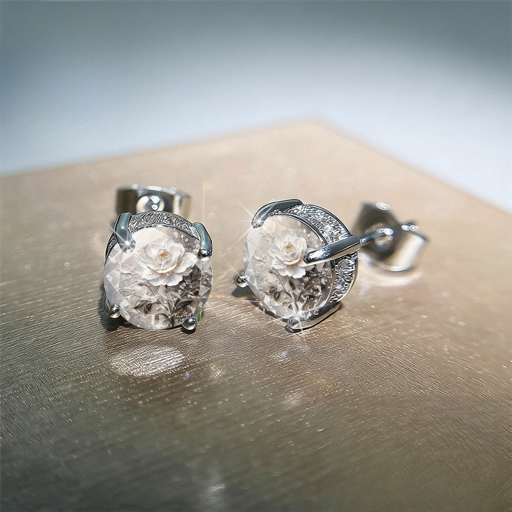 White Peony Glass Stud Earrings