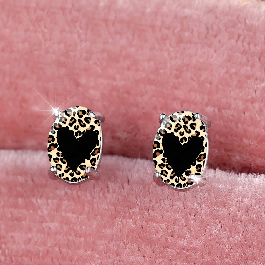 Leopard Print Oval Heart Stud Earrings