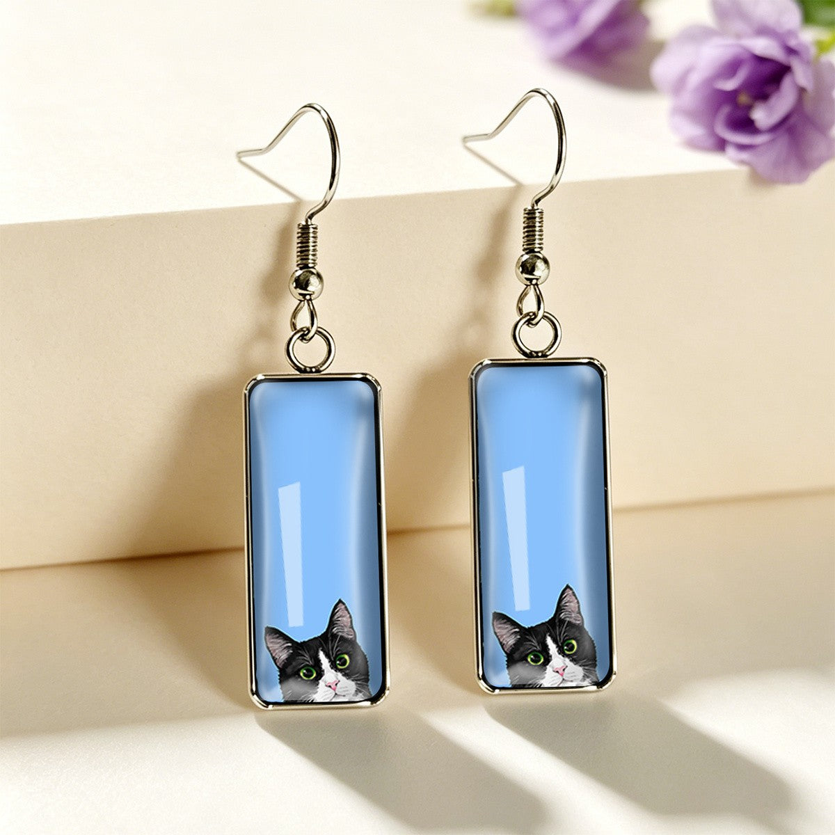 Blue Cat Rectangle Drop Earrings