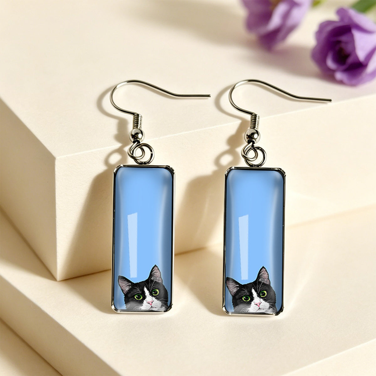Blue Cat Rectangle Drop Earrings
