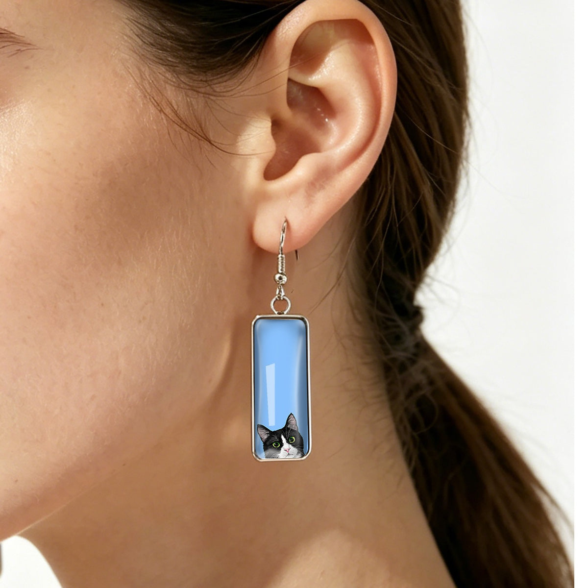 Blue Cat Rectangle Drop Earrings