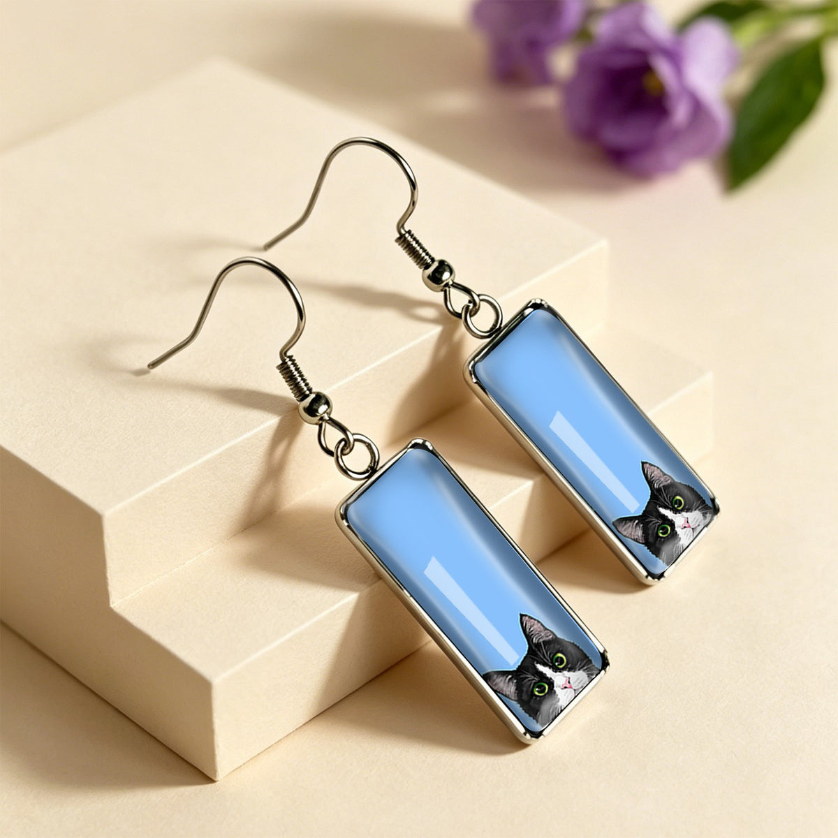 Blue Cat Rectangle Drop Earrings