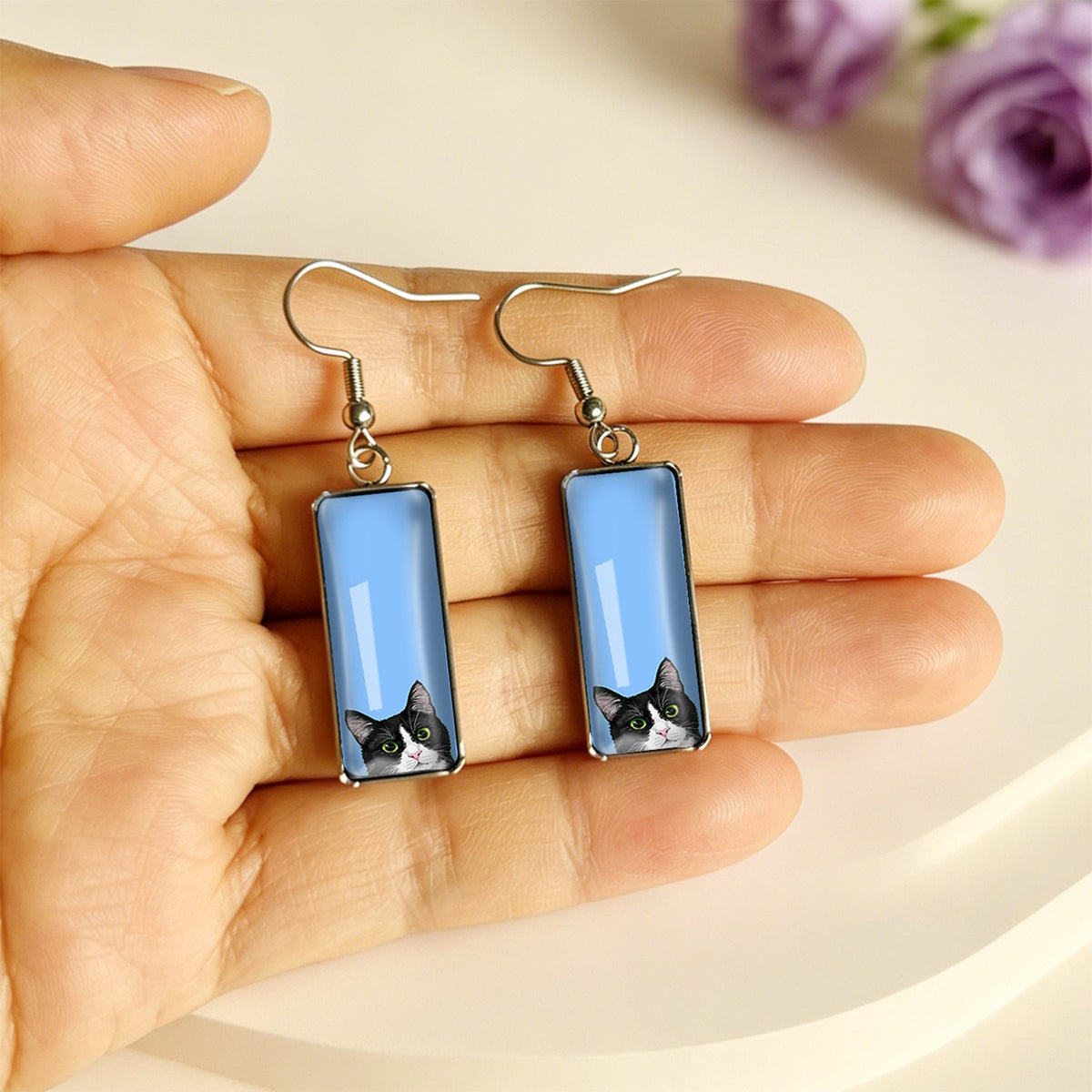 Blue Cat Rectangle Drop Earrings