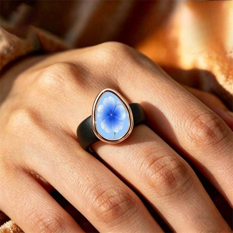 Blue Linen Flower Teardrop Ring