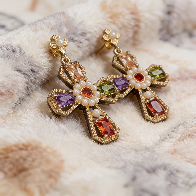 Multi-Color Gemstone Cross Earrings