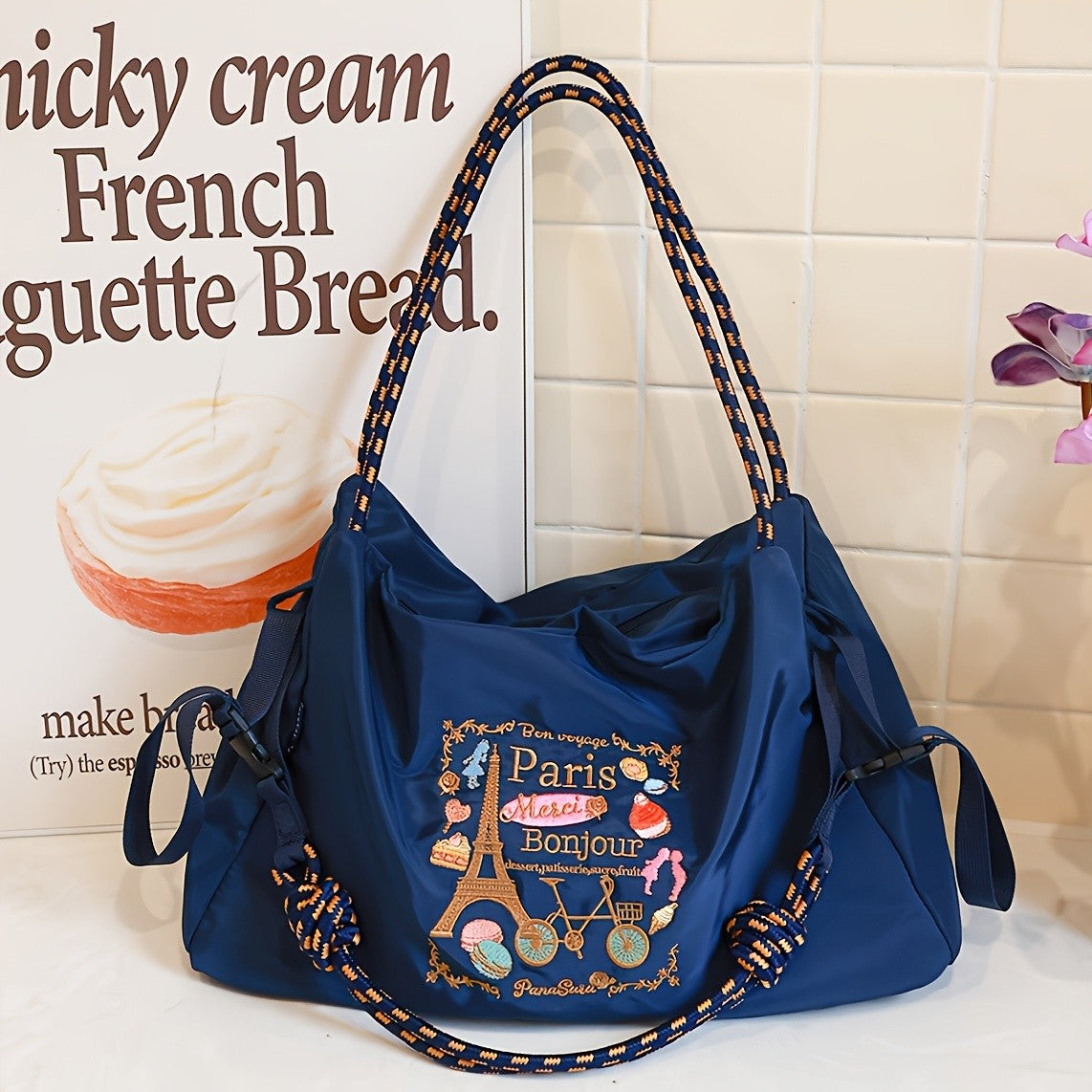 Paris Embroidered Nylon Tote