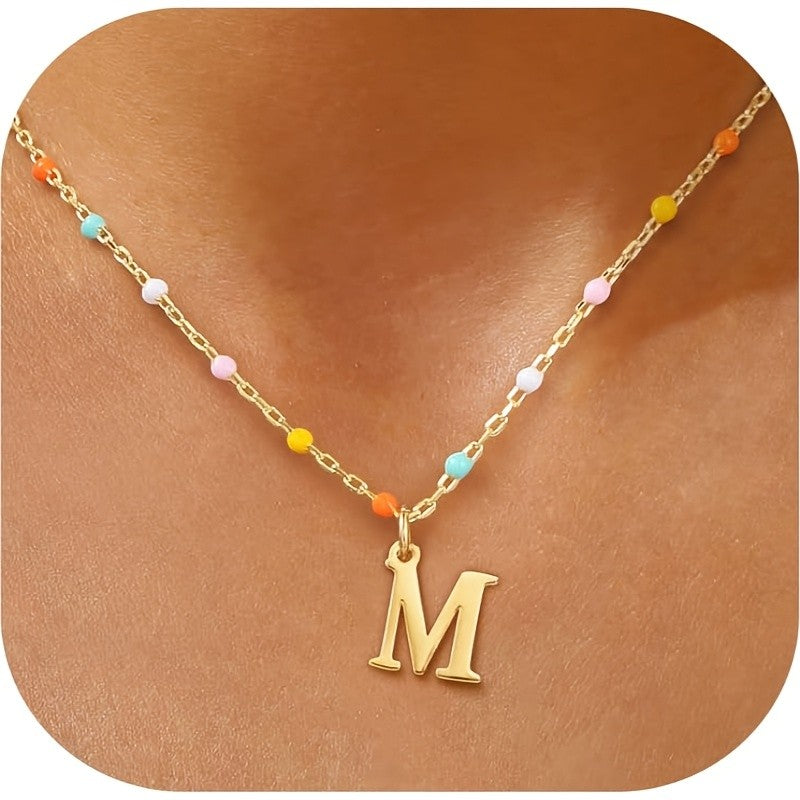 Colorful Bead Initial Link Necklace