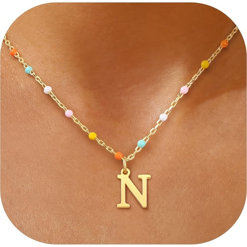 Colorful Bead Initial Link Necklace