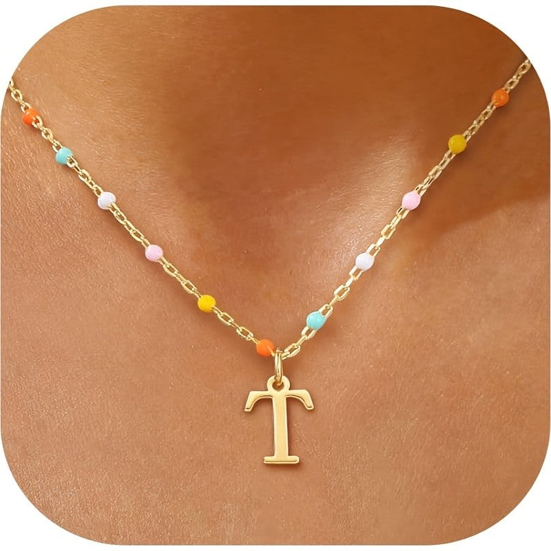 Colorful Bead Initial Link Necklace