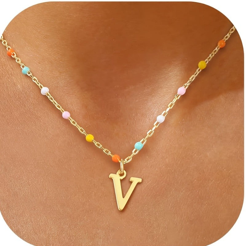 Colorful Bead Initial Link Necklace