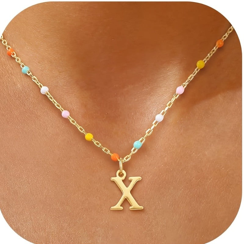 Colorful Bead Initial Link Necklace