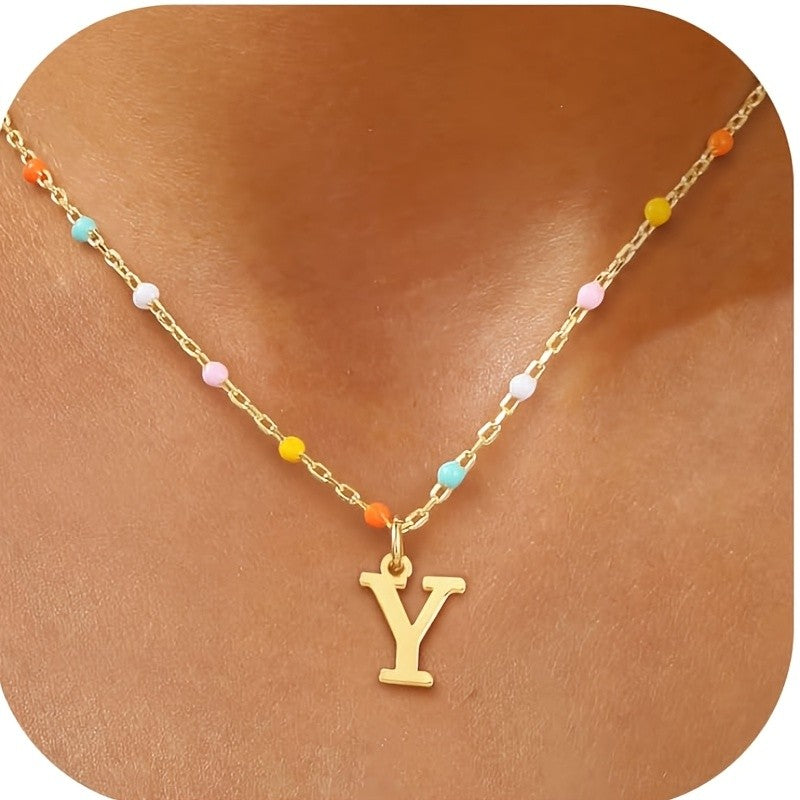 Colorful Bead Initial Link Necklace