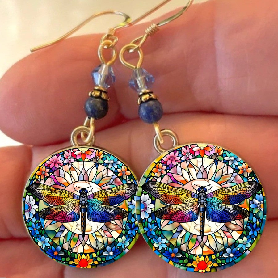 Dragonfly Mandala Round Drop Earrings