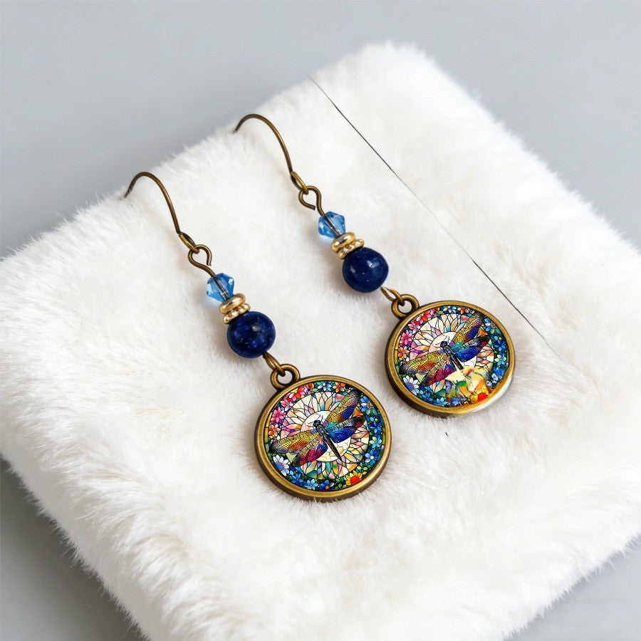 Dragonfly Mandala Round Drop Earrings
