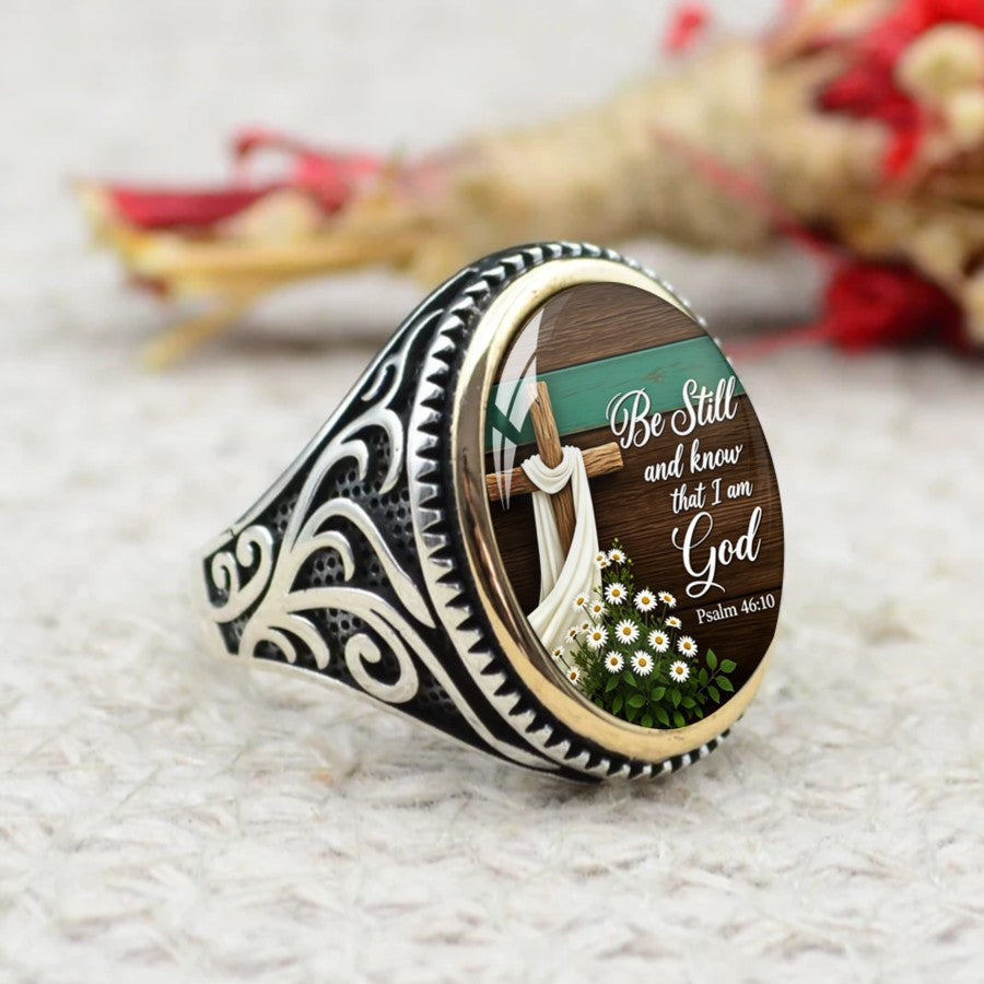 Be Still Scripture & Daisy Oval Ring