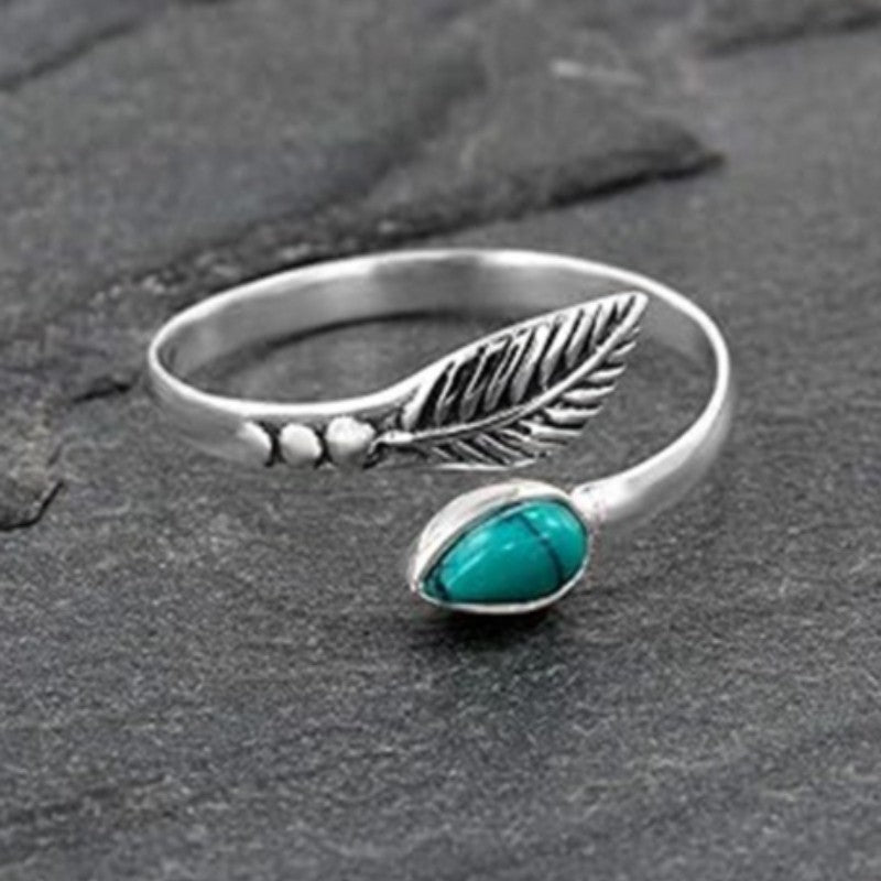 Silver-Tone Feather & Teal Stone Open Ring