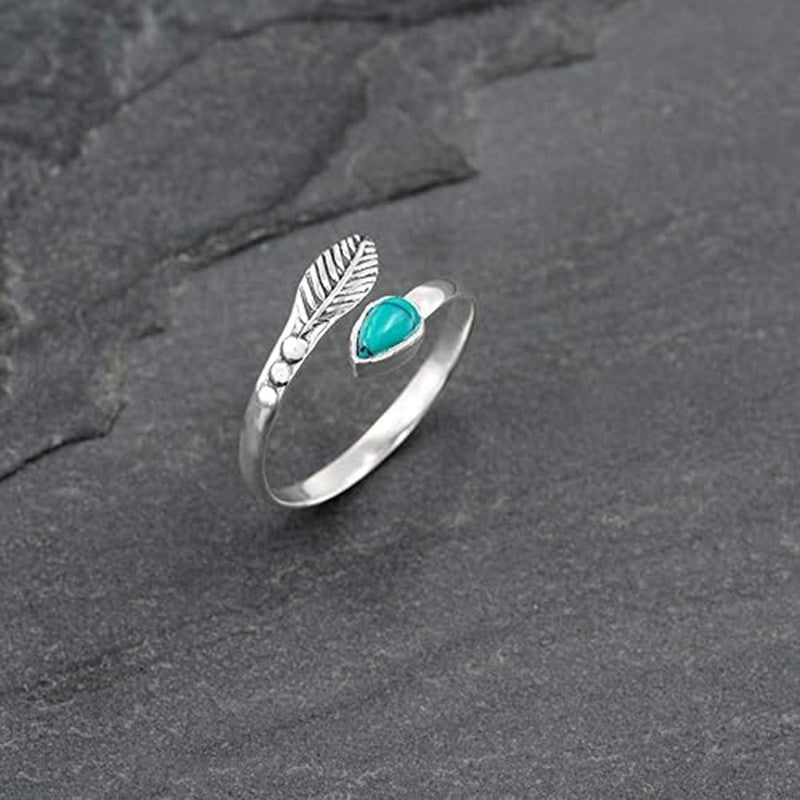 Silver-Tone Feather & Teal Stone Open Ring