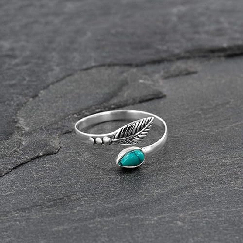 Silver-Tone Feather & Teal Stone Open Ring