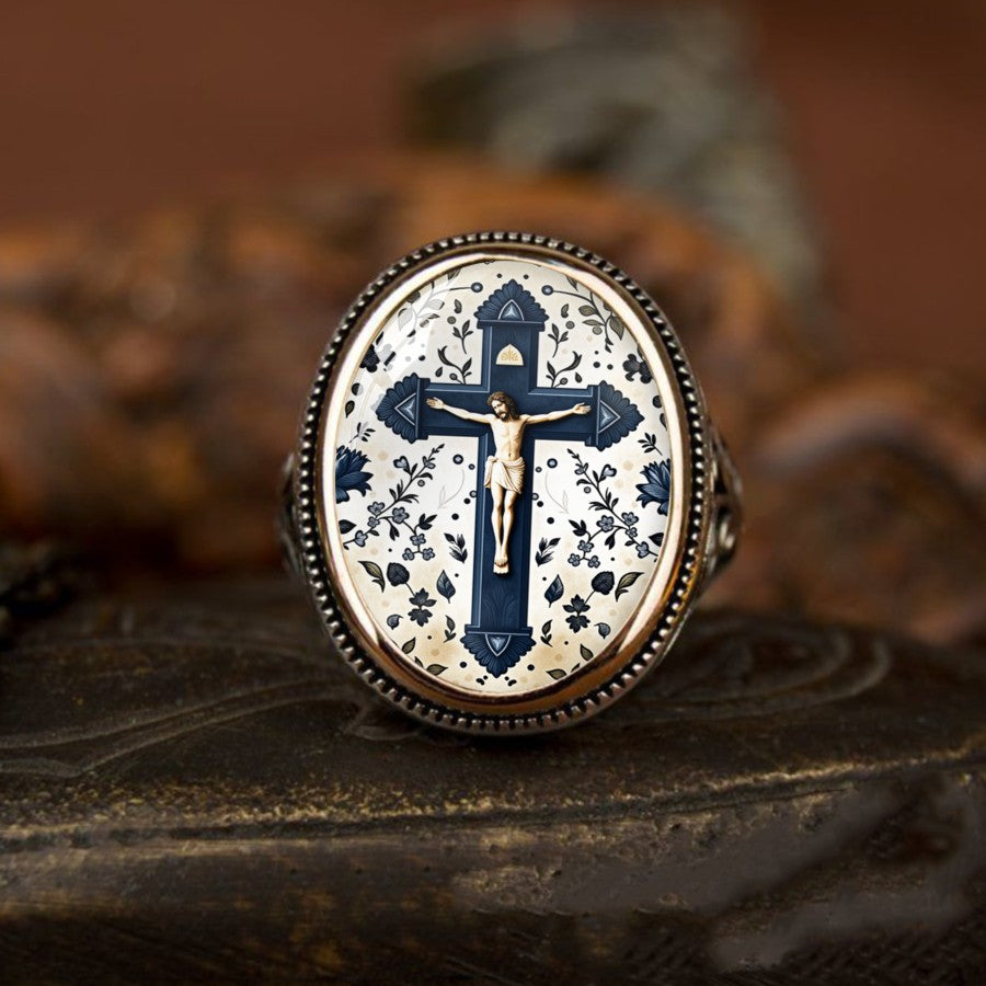 Crucifix Floral Oval Ring