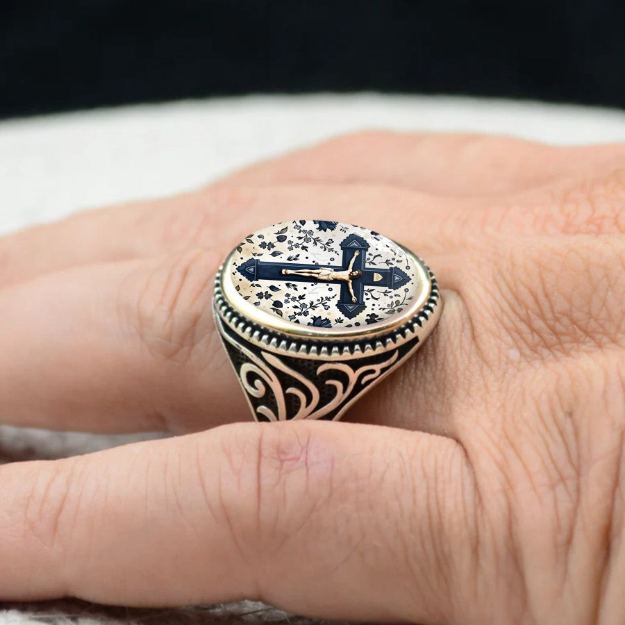 Crucifix Floral Oval Ring