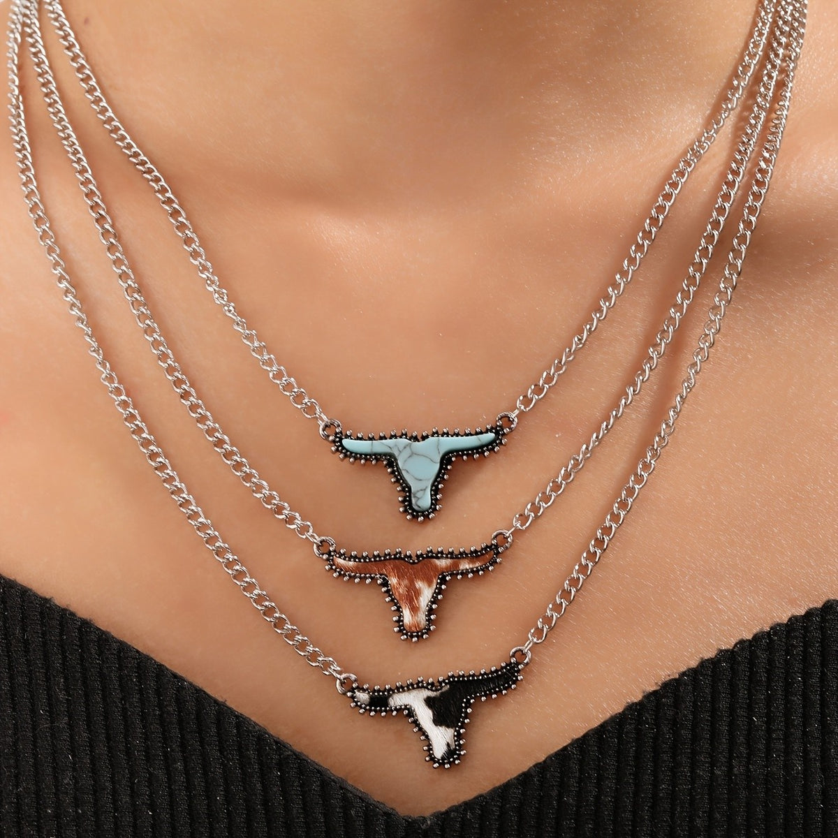 Layered Bull Head Necklace Set