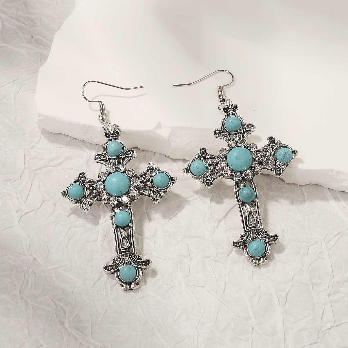 Turquoise Crystal Cross Earrings