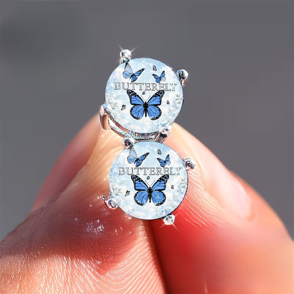 Blue Butterfly Glass Dome Stud Earrings