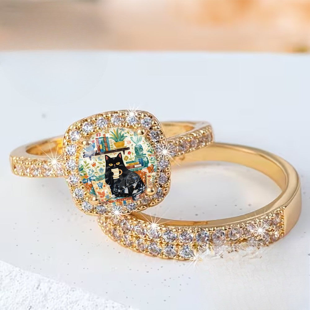Black Cat Reading Square Ring Set
