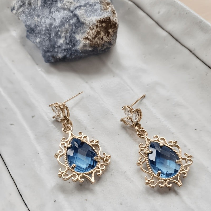Blue Teardrop Scroll Dangle Earrings