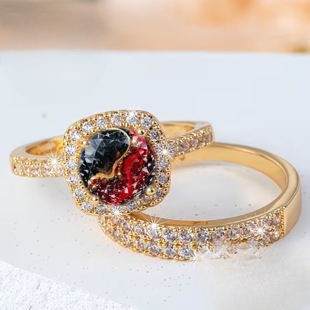 Red & Black Crystal Square Ring Set