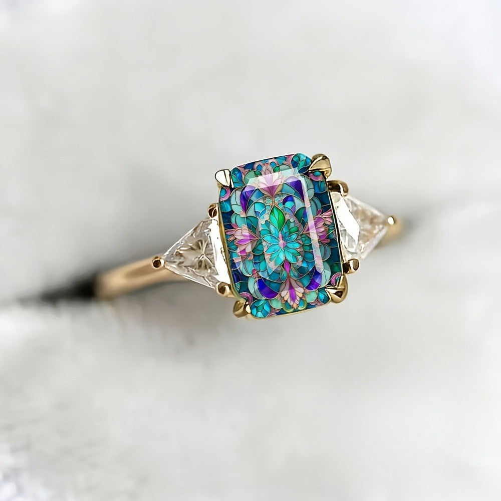 Colorful Floral Mosaic Square Ring