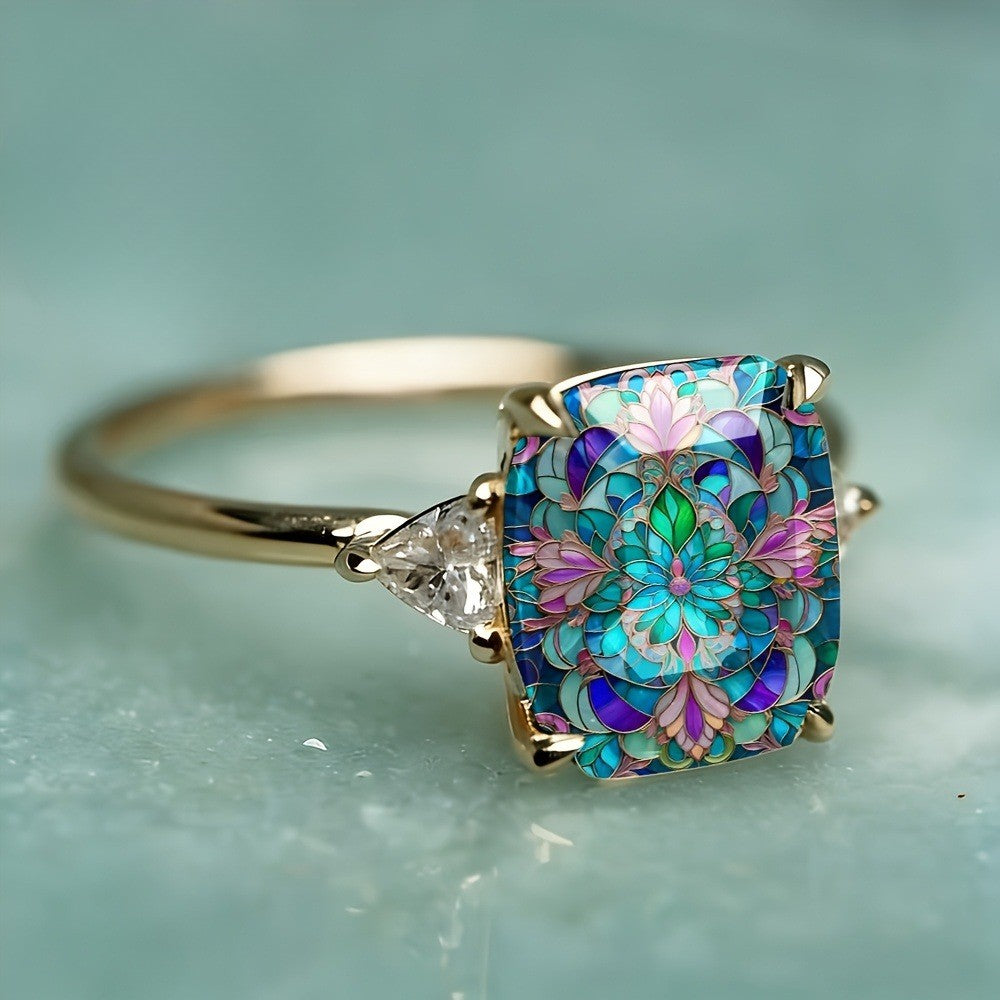 Colorful Floral Mosaic Square Ring