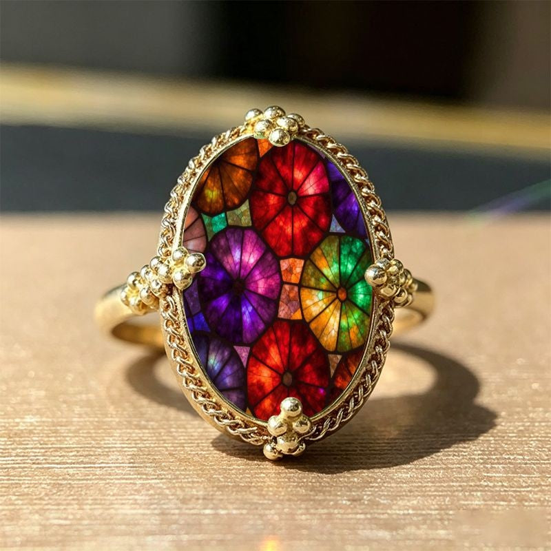 Colorful Stained Glass Oval Ring