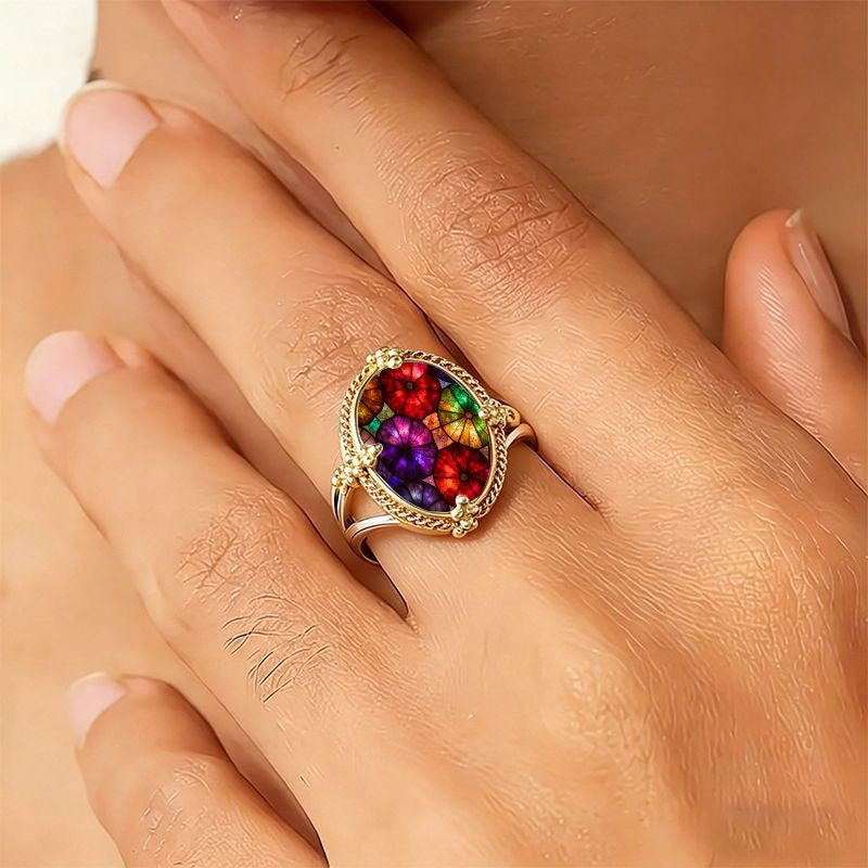 Colorful Stained Glass Oval Ring