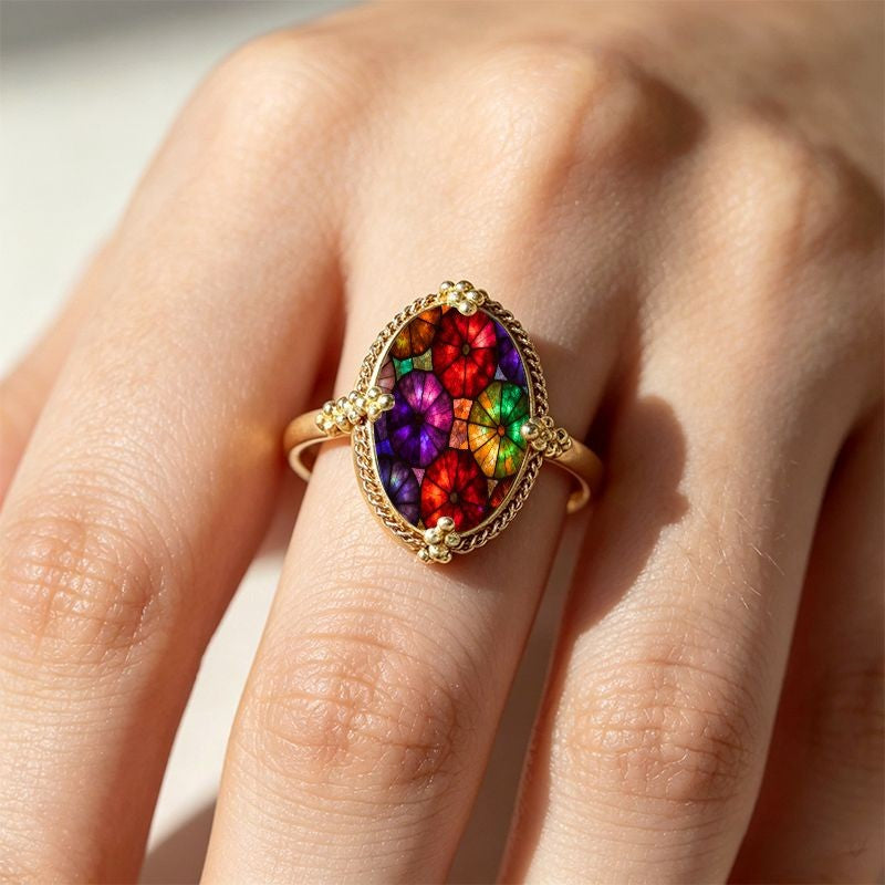 Colorful Stained Glass Oval Ring