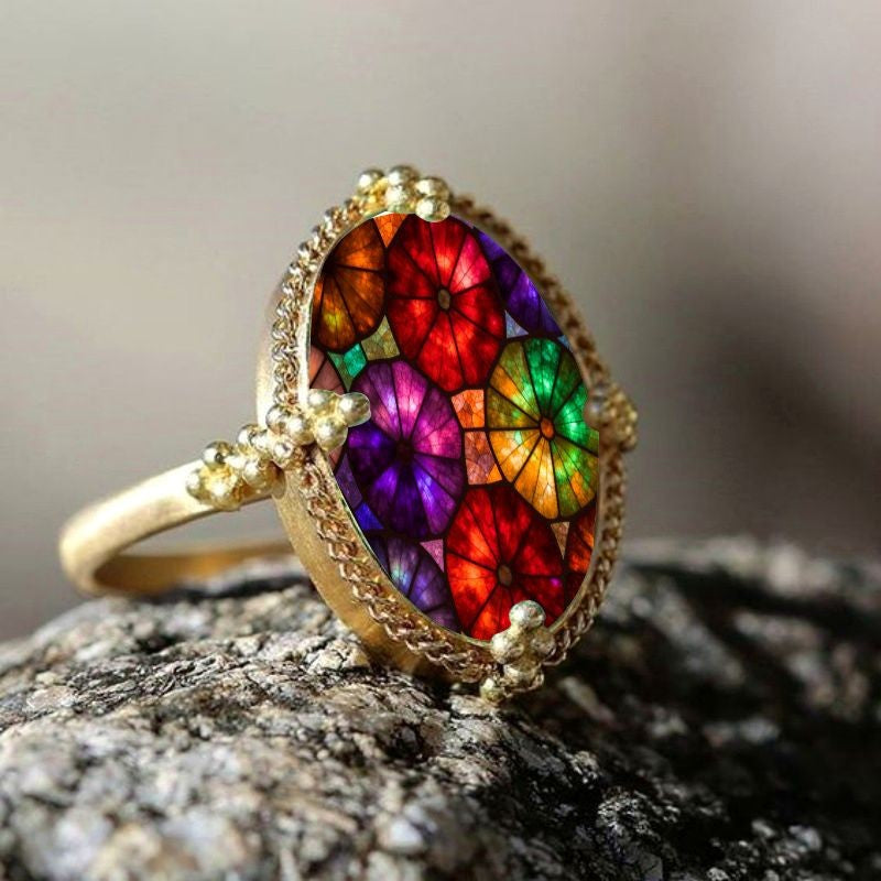 Colorful Stained Glass Oval Ring
