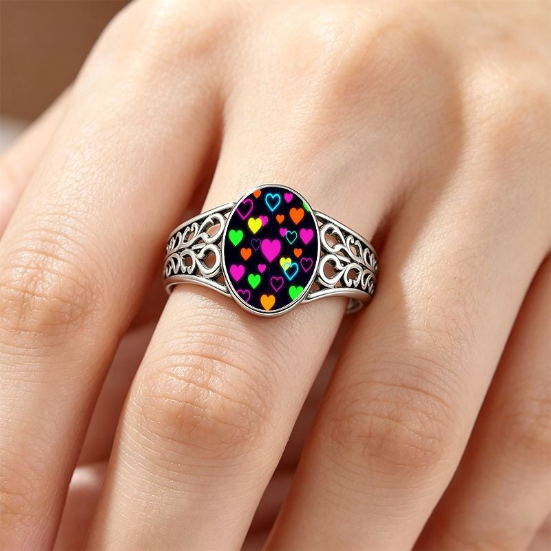 Neon Hearts Oval Filigree Ring
