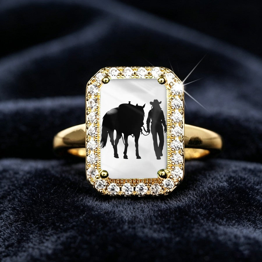 Cowboy & Horse Silhouette Crystal Ring