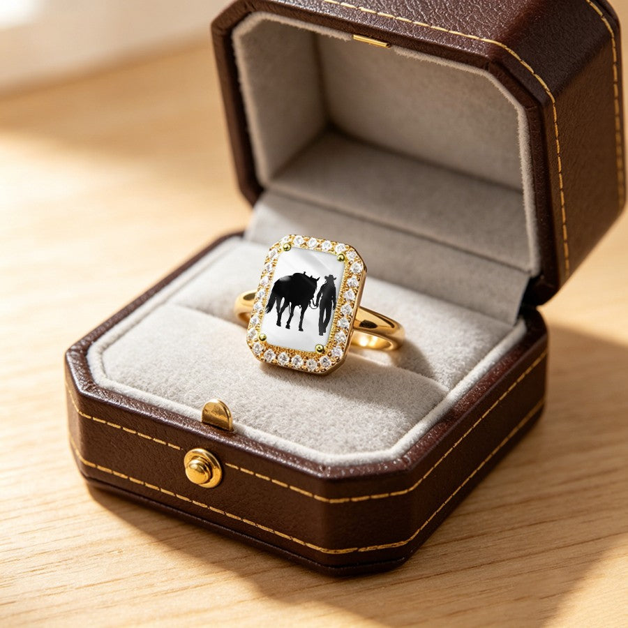 Cowboy & Horse Silhouette Crystal Ring