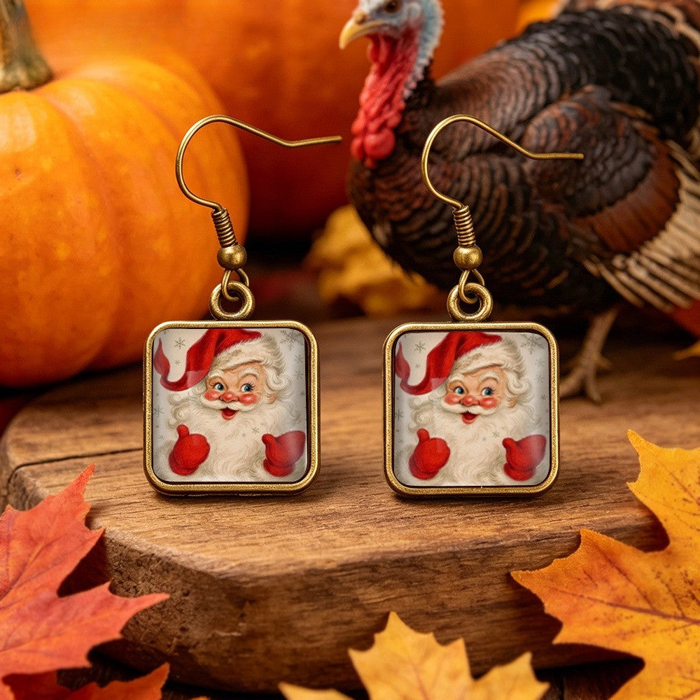Santa Claus Red Gloves Square Earrings