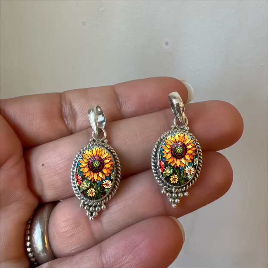 Colorful Sunflower Oval Pendant Necklace