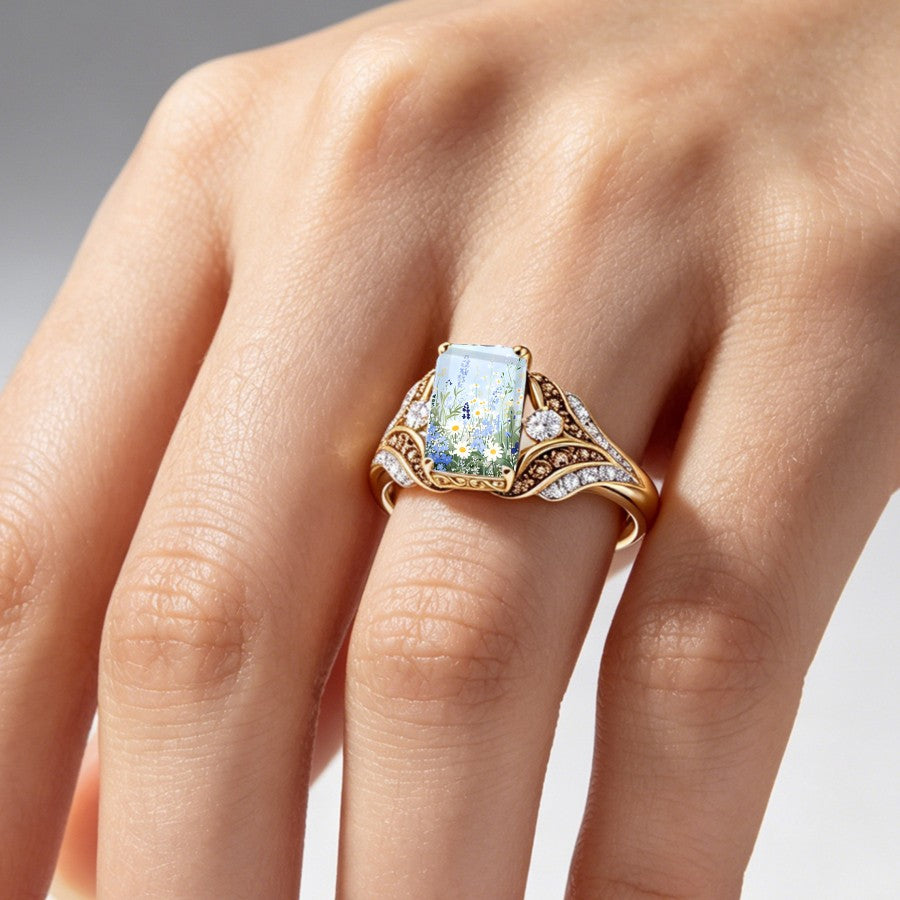 Daisy & Blue Flower Square Ring