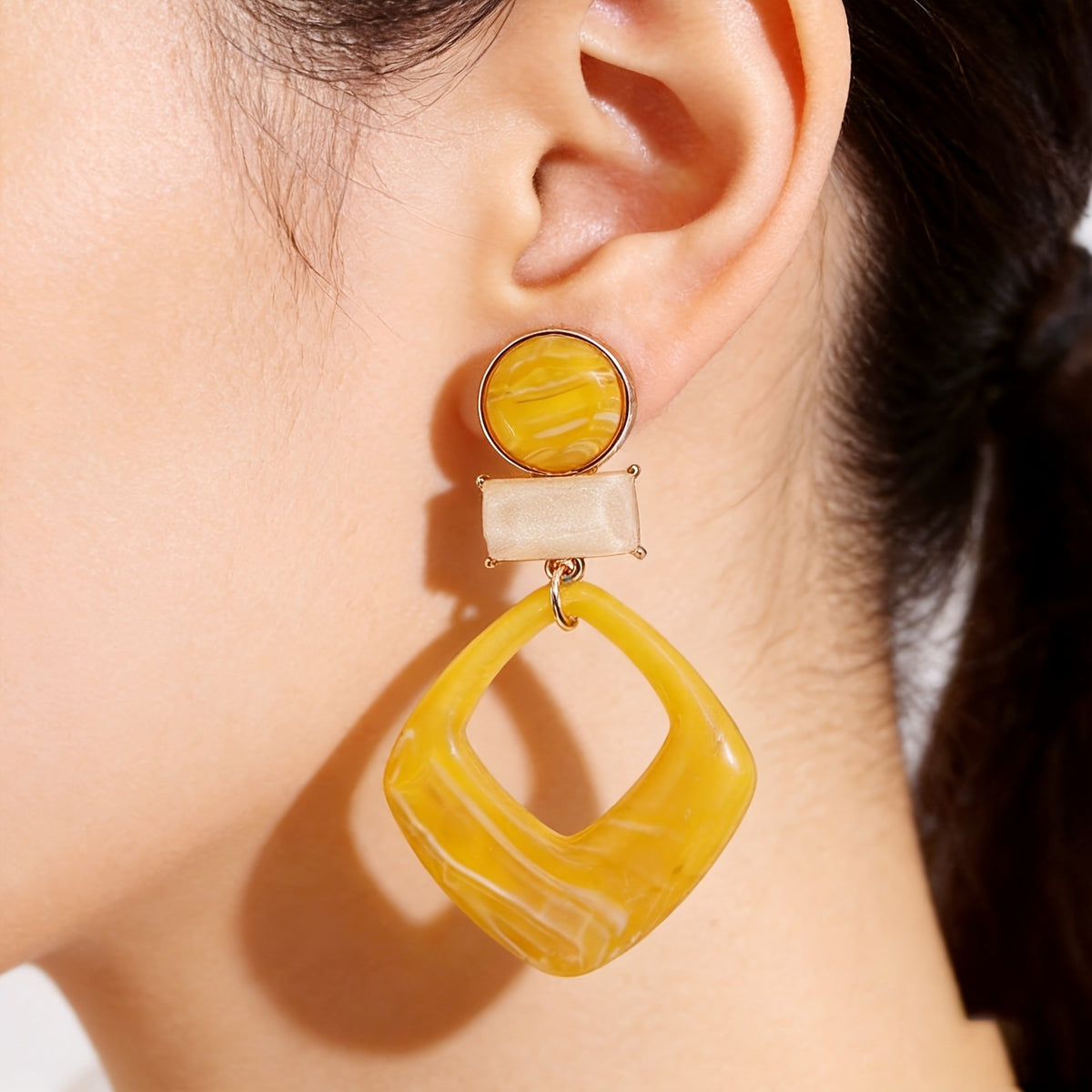 Yellow Marbled Geometric Drop Earrings