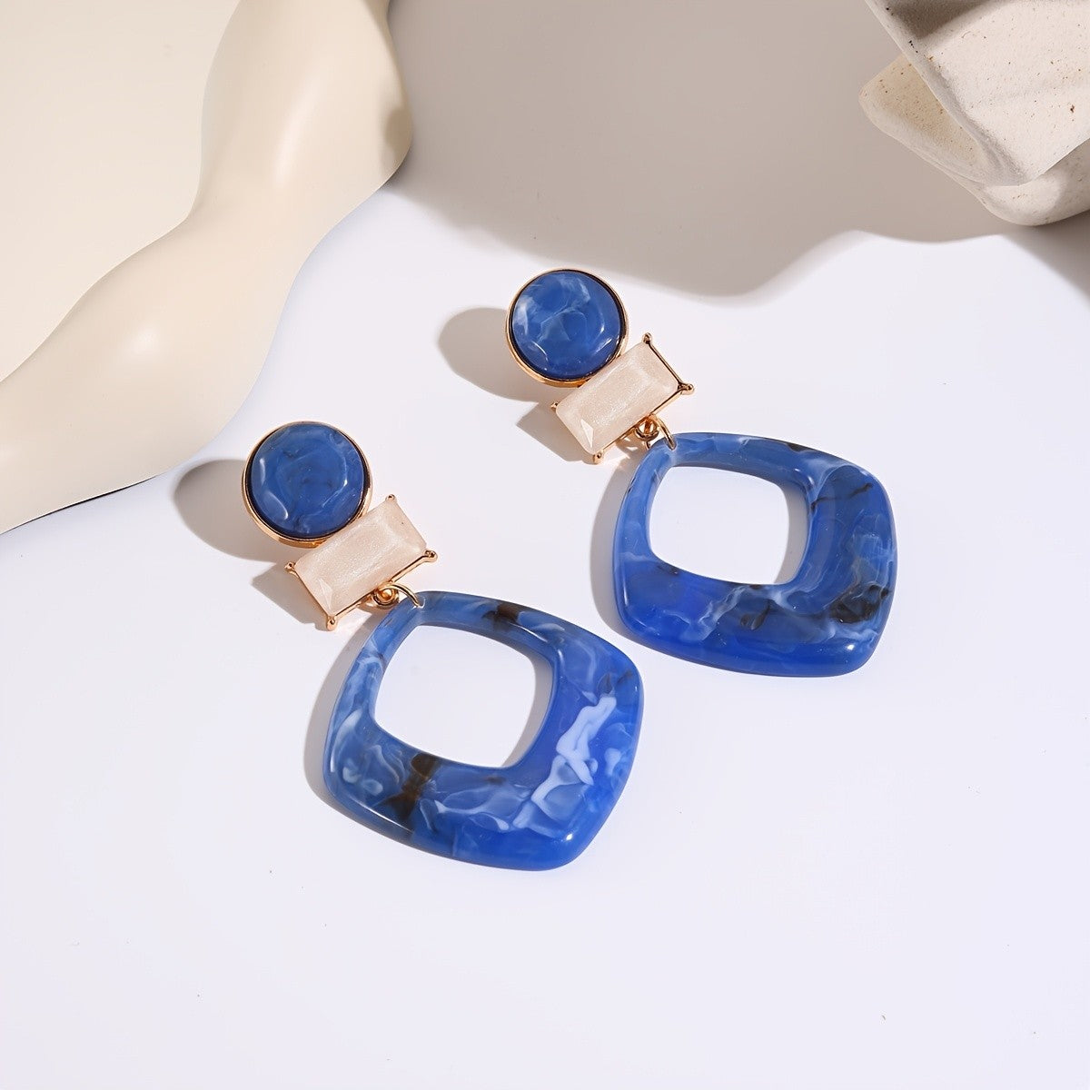 Yellow Marbled Geometric Drop Earrings