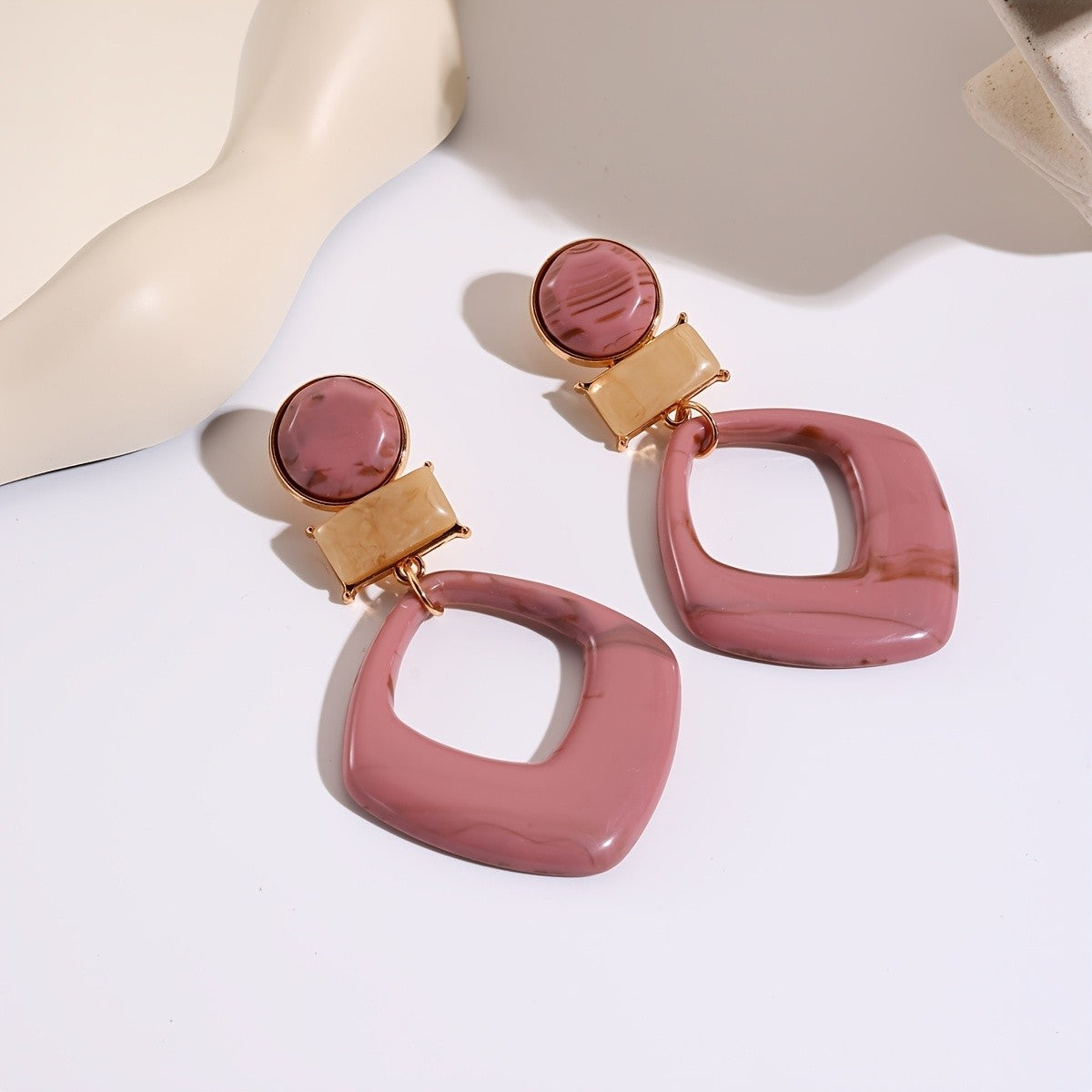 Yellow Marbled Geometric Drop Earrings