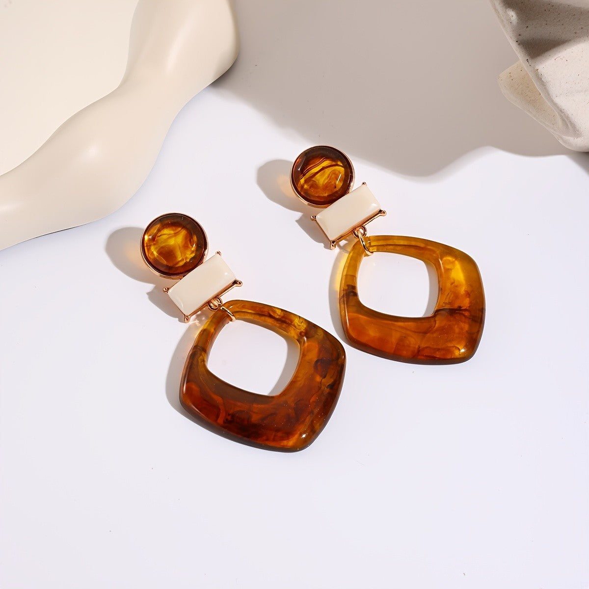 Yellow Marbled Geometric Drop Earrings