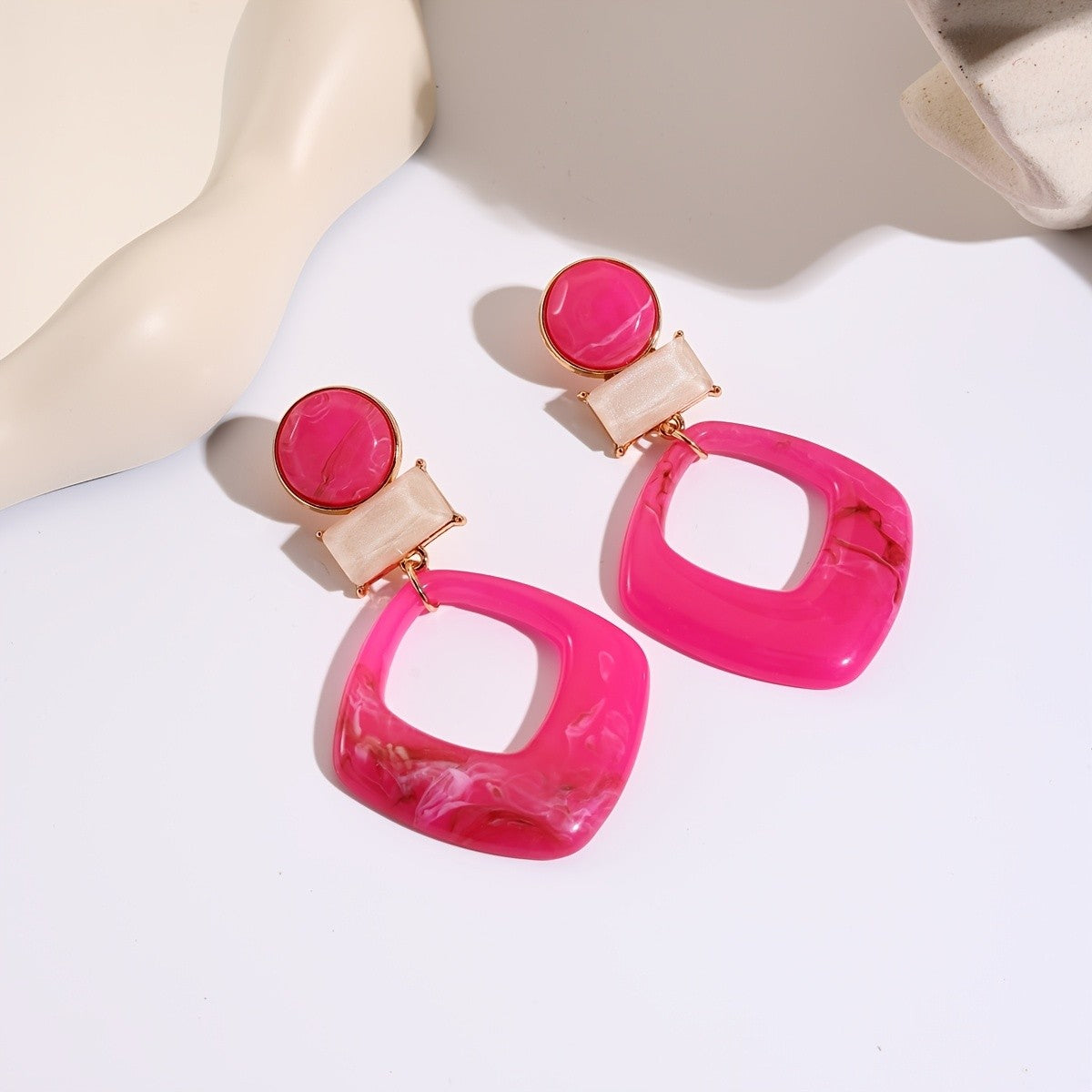 Yellow Marbled Geometric Drop Earrings